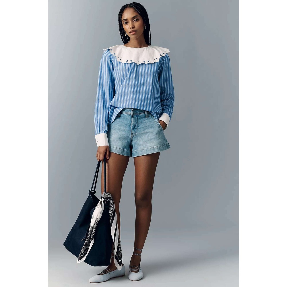 Maeve Anthropologie Eyelet Collared Blouse Small Blue Stripe Cotton Top NWT